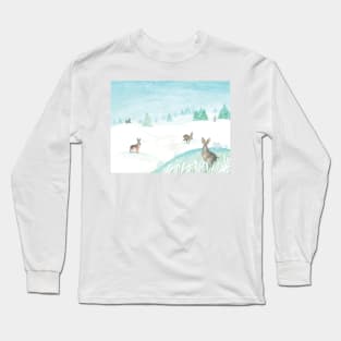 Wild rabbits in the snow in white winter Long Sleeve T-Shirt